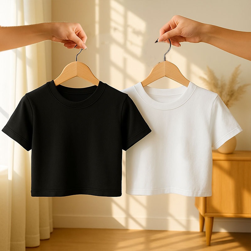 เสื้อยืดคอกลม-แขนสั้น เสื้อครอปbaby tee เสื้อยืดผู้หญิงแฟชั่นครอปสั้น สีพื้น สีขาว-ดำ