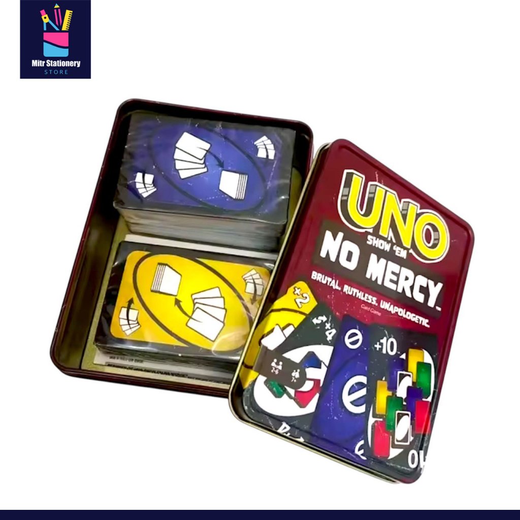 mitr เกมการ์ด UNO Show 'Em No Mercy กล่องเหล็กพรีเมี่ยม เกมไพ่โหด สนุก ดุ!  ราคาพิเศษ! พร้อมส่ง