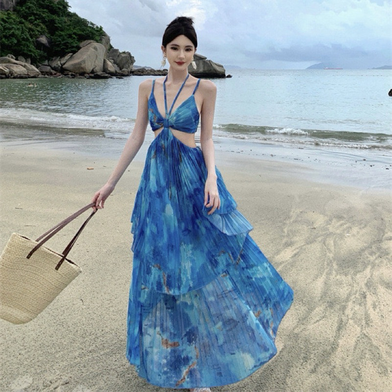 เดรสยาวอัดพรีท สีพีช สวยหวาน  ชุดดีไซส์ สายเดี่ยว(สายเลือนปรับได้) ยางยืดหลัง  โชว์หลัง