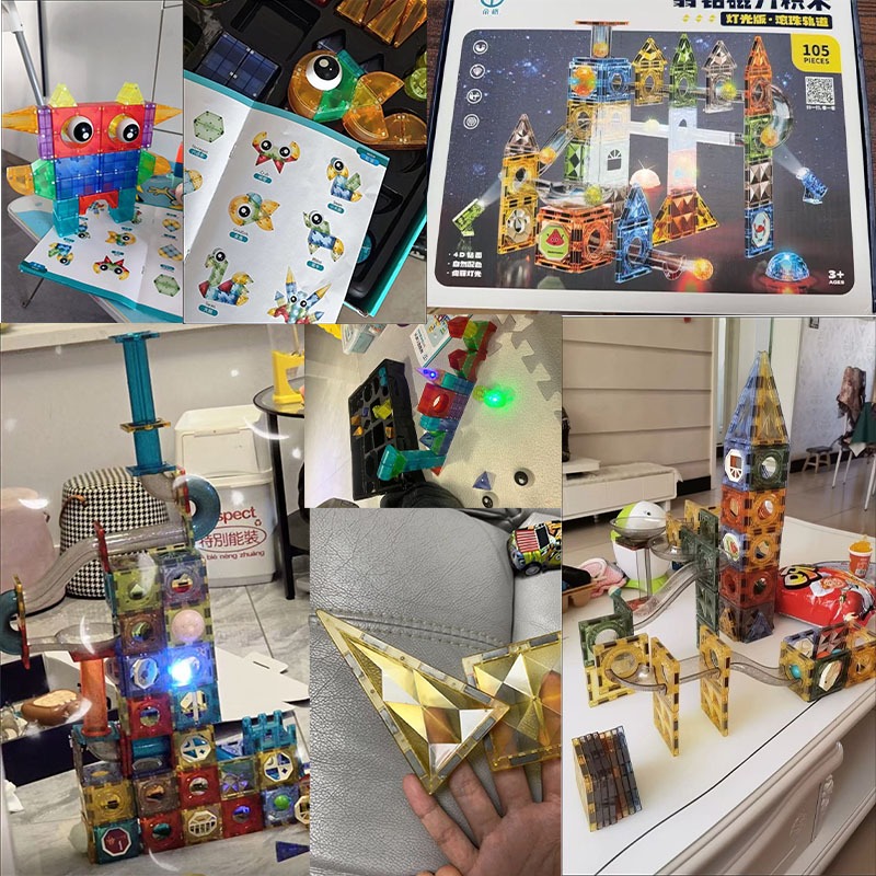 magnetic tiles ของแท้ (พร้อมไฟ) ของเล่น diy 7.5cm/6.5cm/5.5cm ขนาดใหญ่ แรงแม่เหล็กสูง เกมแม่เหล็ก