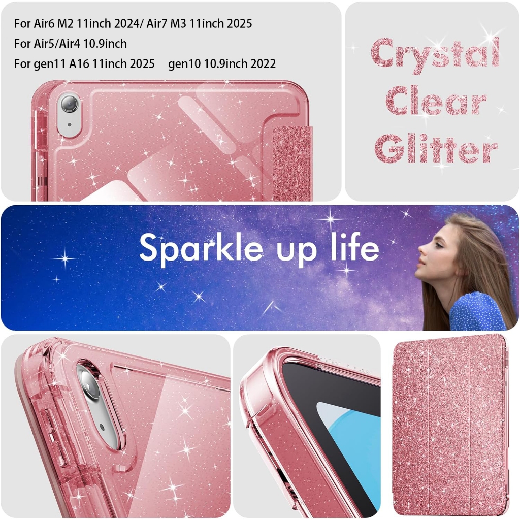 เคสาสำหรับipadสีกันกระแทกแวววาวfor Air M2/M3 11นิ้วAir4/5 10.9/ A16gen11 2025 gen10พร้อมช่องใส่ปากกา รูปที่ 8