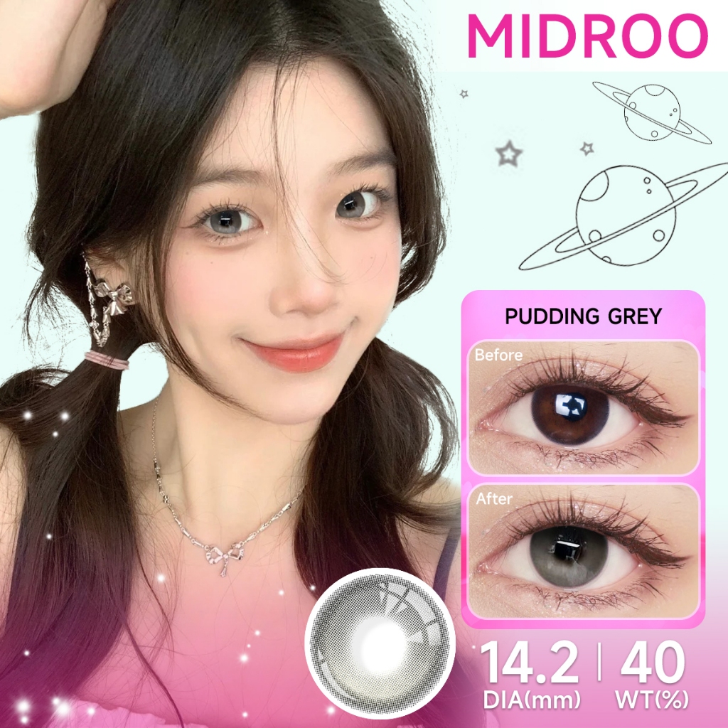 Midroo【COD】-100°-600° สายตาสั้น ตาประกาย Pudding Grey/Pink เลนส์หวานๆ รายเดือน 1คู่- 14.2mm Monthly Replace