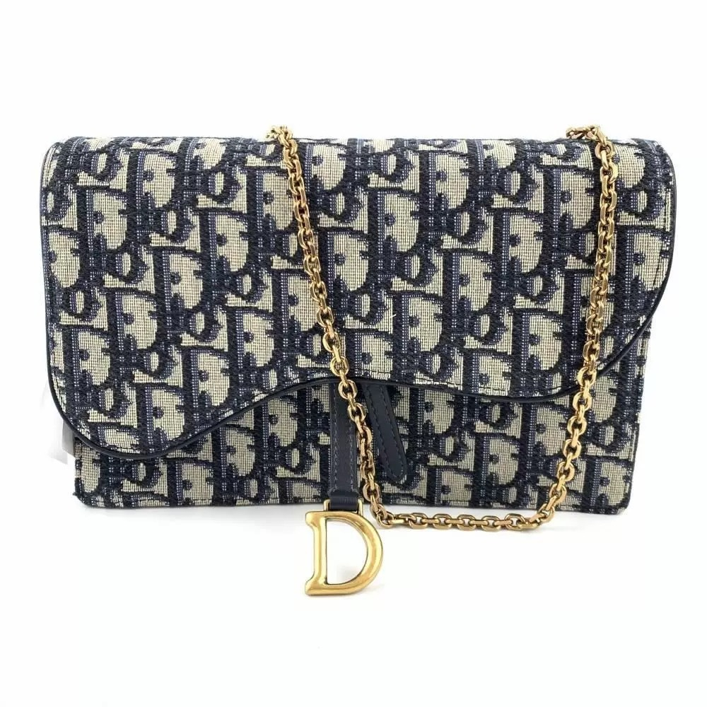 👜ดิออร์ Dior fashion blue embroidered canvas shoulder crossbody bag Saddle envelope bag Chain bag ของแท้ 100 %
