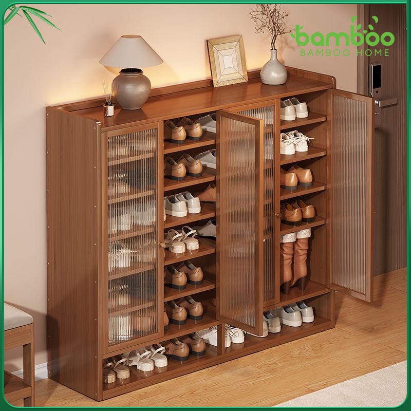 ชั้นวางรองเท้า ประหยัดพื้นที่ ประตูโปร่งใส กันฝุ่น กล่องรองเท้า ตู้รองเท้าไม้ไผ่กันฝุ่น shoes cabinet