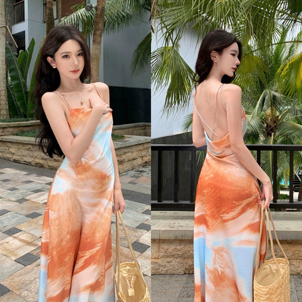 เดรสส้ม ดอกไม้ ทรงเอ มัดย้อม ผู้หญิง ไปทะเล เปิดหลัง แฟชั่น เปิดไหล่ เดรสฤดูร้อน