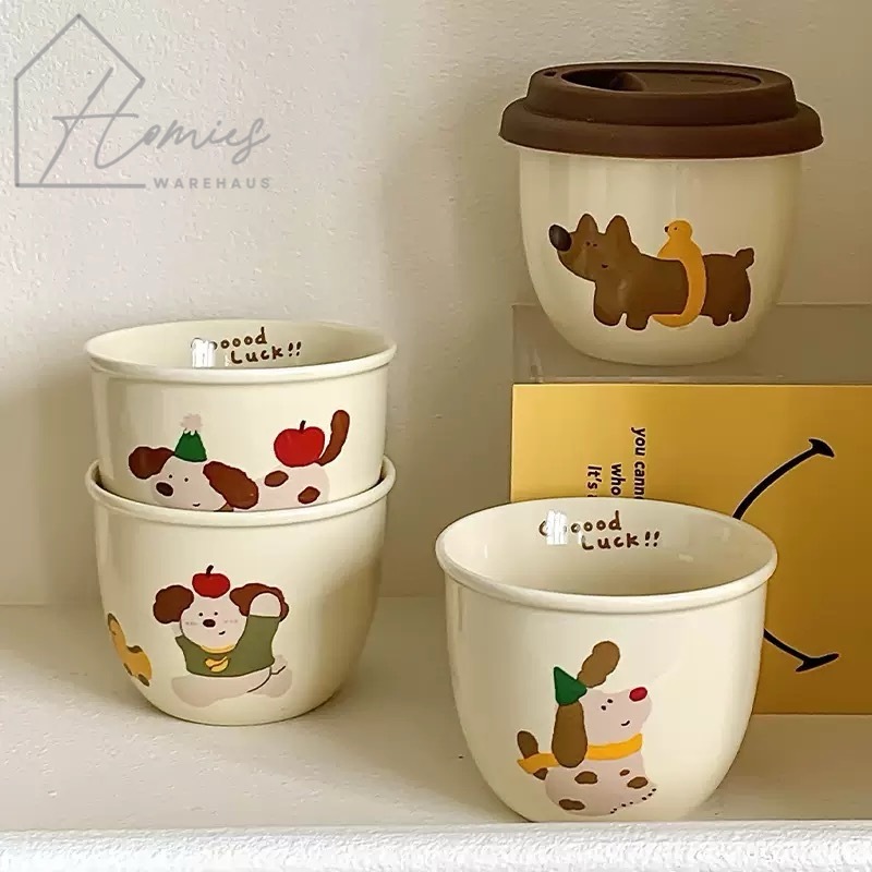 【พร้อมส่ง】 แก้วกาแฟ แก้วชา มีฝาปิด เซรามิก ลายหมา น่ารัก สไตล์เกาหลี มินิมอล ใช้เป็นพร็อพถ่ายรูปได้ ถ้วยใส่กาแฟแบบฝา