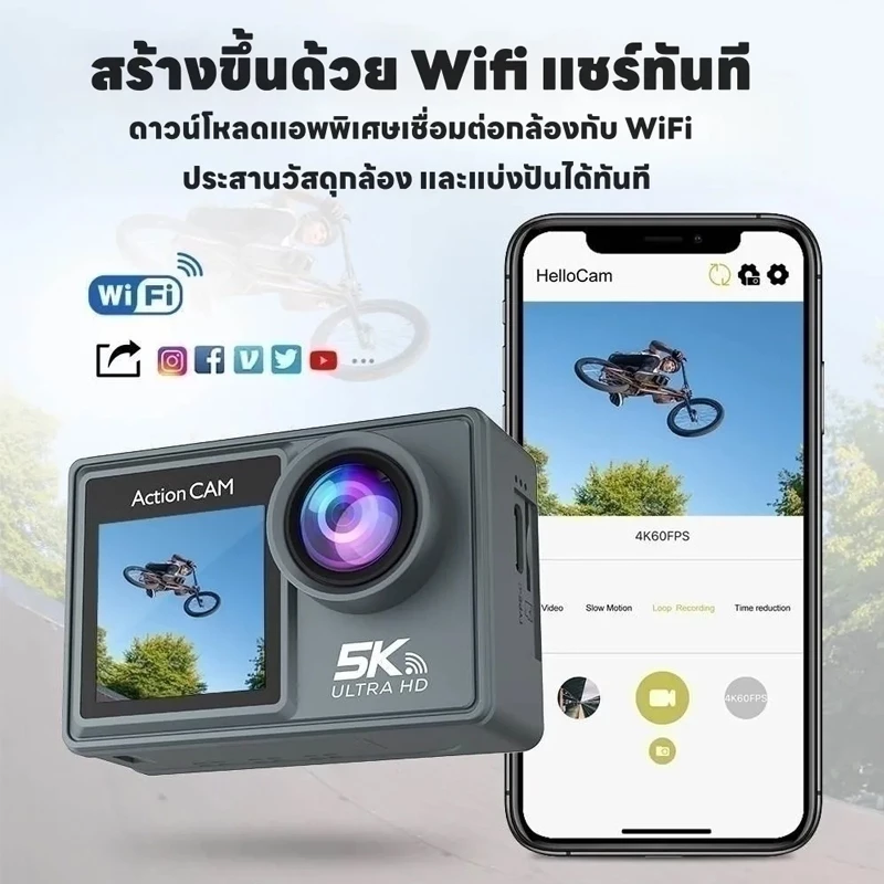 Action Camera กล้องโกโปร กล้องดำน้ำ 30M หน้าจอสัมผัส WiFi 5K 30fps Full HD กล้องแอคชั่น หน้าจอคู่ กล้องติดหมวก พร้อมรีโม thumbnail 4