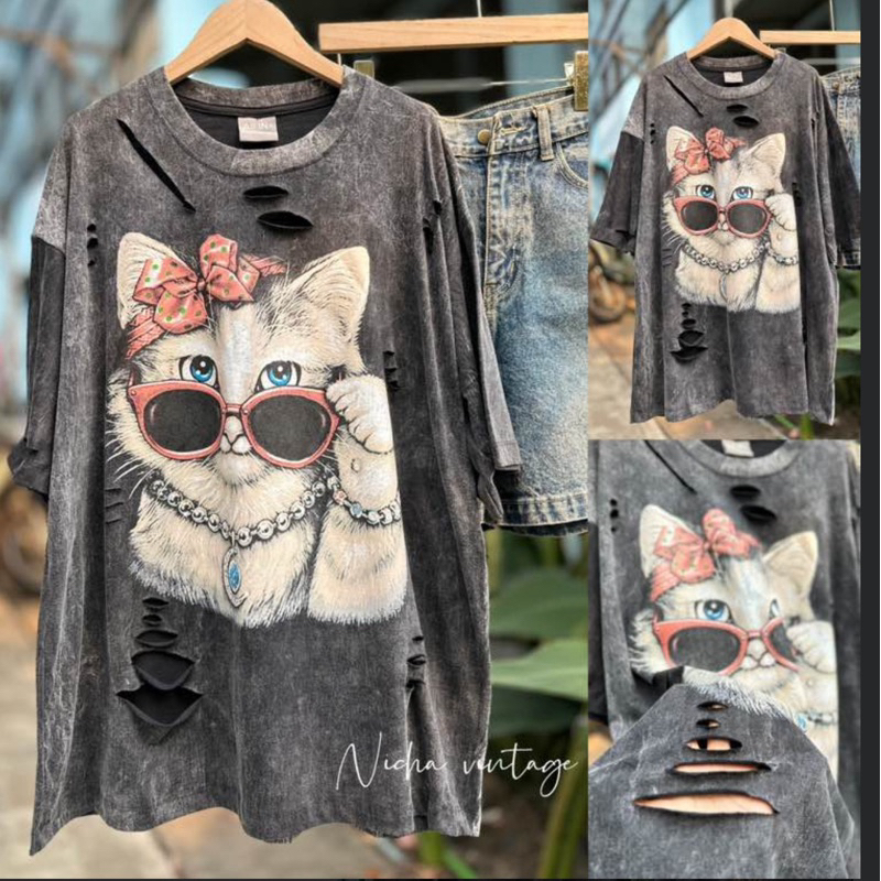 เสื้อยืดขาดเซอร์ ผ้าฟอกวินเทจ (ลายแมว)ถูกใจวัยจ๊าบบ ช-ญ ใส่ได้ อก44-46