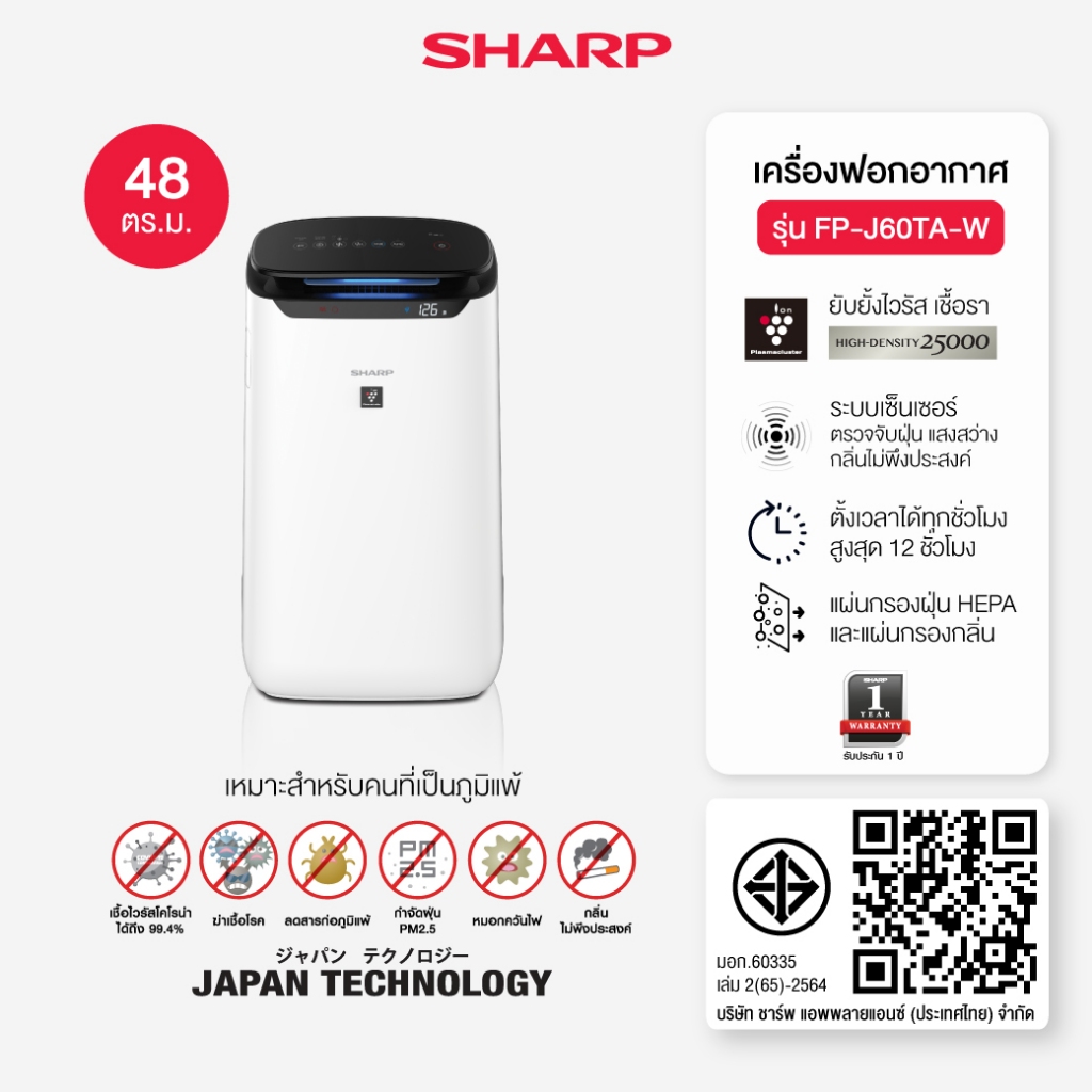 SHARP Air Purifier เครื่องฟอกอากาศ พลาสม่าคลัสเตอร์ รุ่น FP-J60TA-W ขนาด 48 ตร.ม
