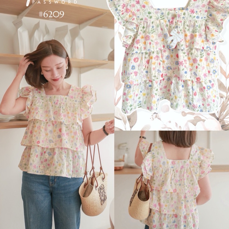 password • 6209 เสื้อผ้าคอตตอนลายดอกไม้ ปักลูกไม้ทั้งตัว