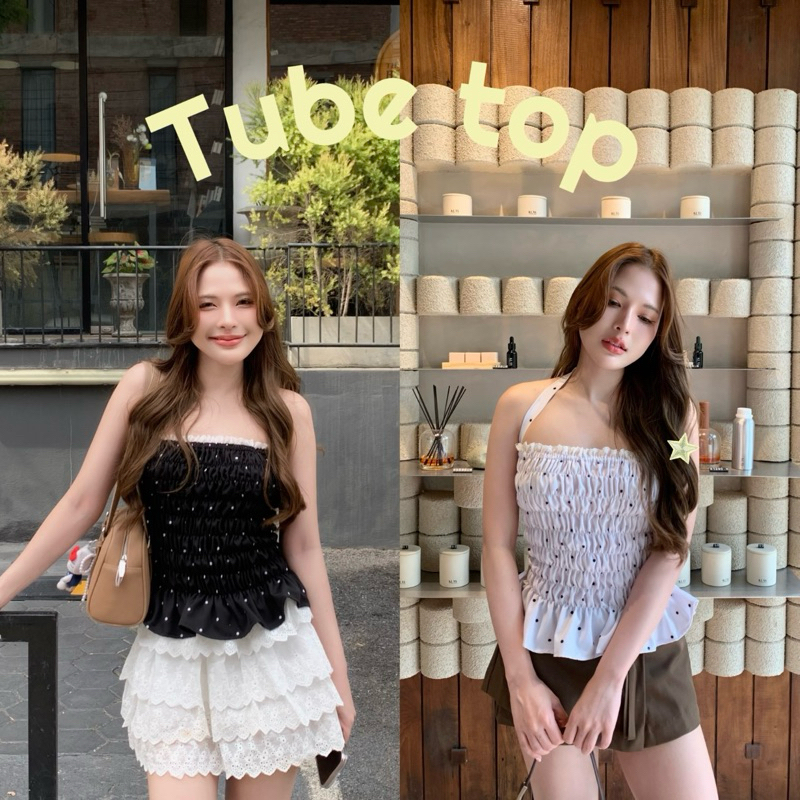 Tube top เสื้อคล้องคอ เสื้อเกาะอกคล้องคอลายจุดสม็อครอบตัว ตัวผ้าลายจุดสุดอินเทรนด์ อกแต่งขอบระบาย มีด้วยกัน2สีสีดำและขาว
