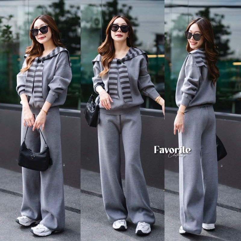 Knit Long Sleeve Top&Long Pant &Scarf Set