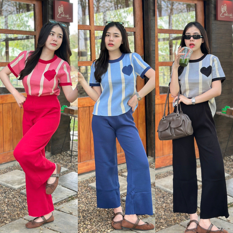 🌈SpinnyHouse🌈ชุดเซ็ต2ชิ้น งานชุดเซ็ต เสื้อคอกลมแขนสั้นทอลาย+กางเกงขายาว เนื้อผ้าไหมพรม รุ่น โปรโมชั่น