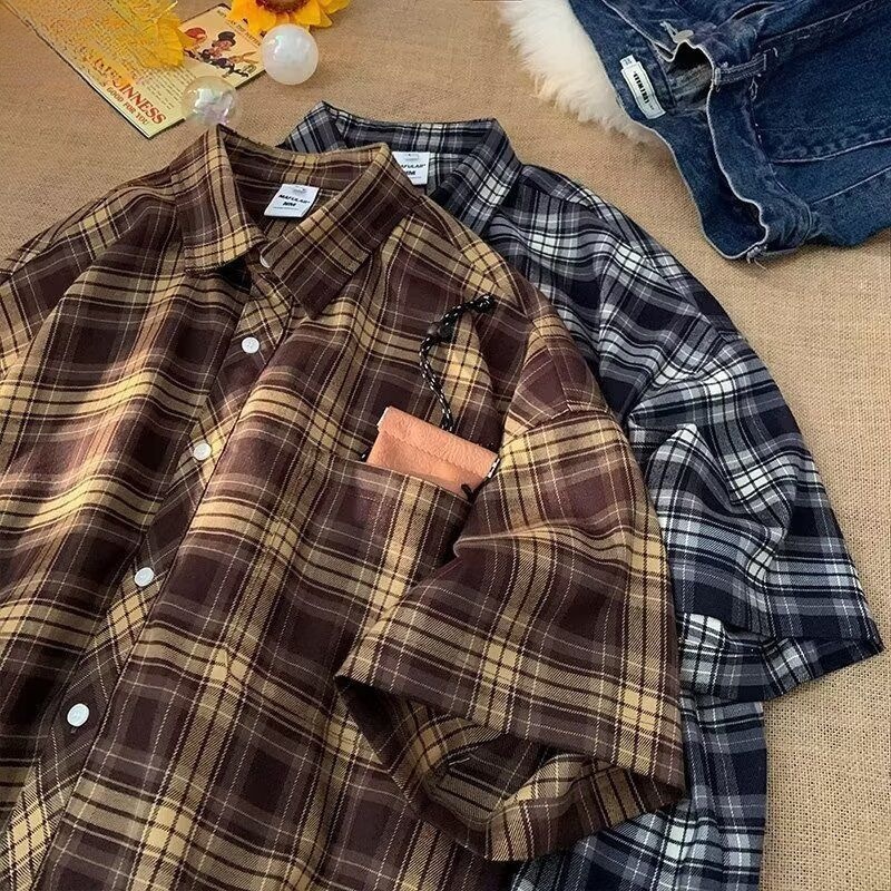 AceMenเสื้อเชิ้ตแขนสั้นลําลอง เสื้อเชิ้ตผู้ชาย ลายสก๊อต ทรงหลวม แฟชั่นฤดูร้อน พร้อมส่ง