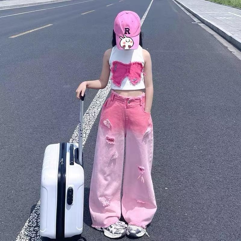 B409 ชุดเซ็ทเด็กลายผีเสื้อ+กางเกงยีนส์สีชมพู