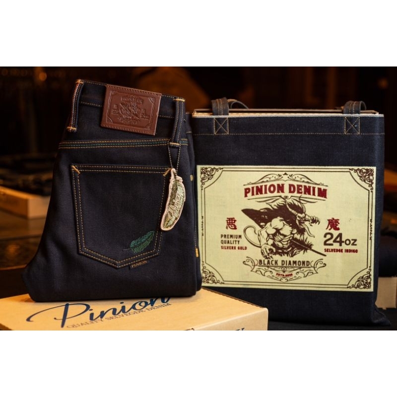 Pinion Denim 24oz BY Okayama Denim รุ่นอสูร (หลังเขียว) INDIGO  X DARK GREEN(JAPAN RED SELVEDGE)Limi