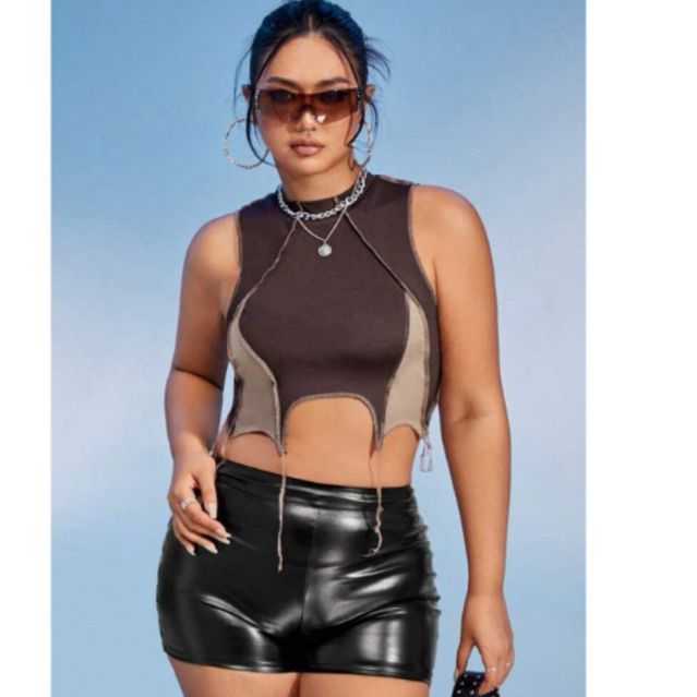 มือ 2 SHEIN 0 XL พลัส เสื้อกล้ามสั้น บล็อคสี ตะเข็บด้านบนผ้า ชายเสื้อไม่สมมาตร