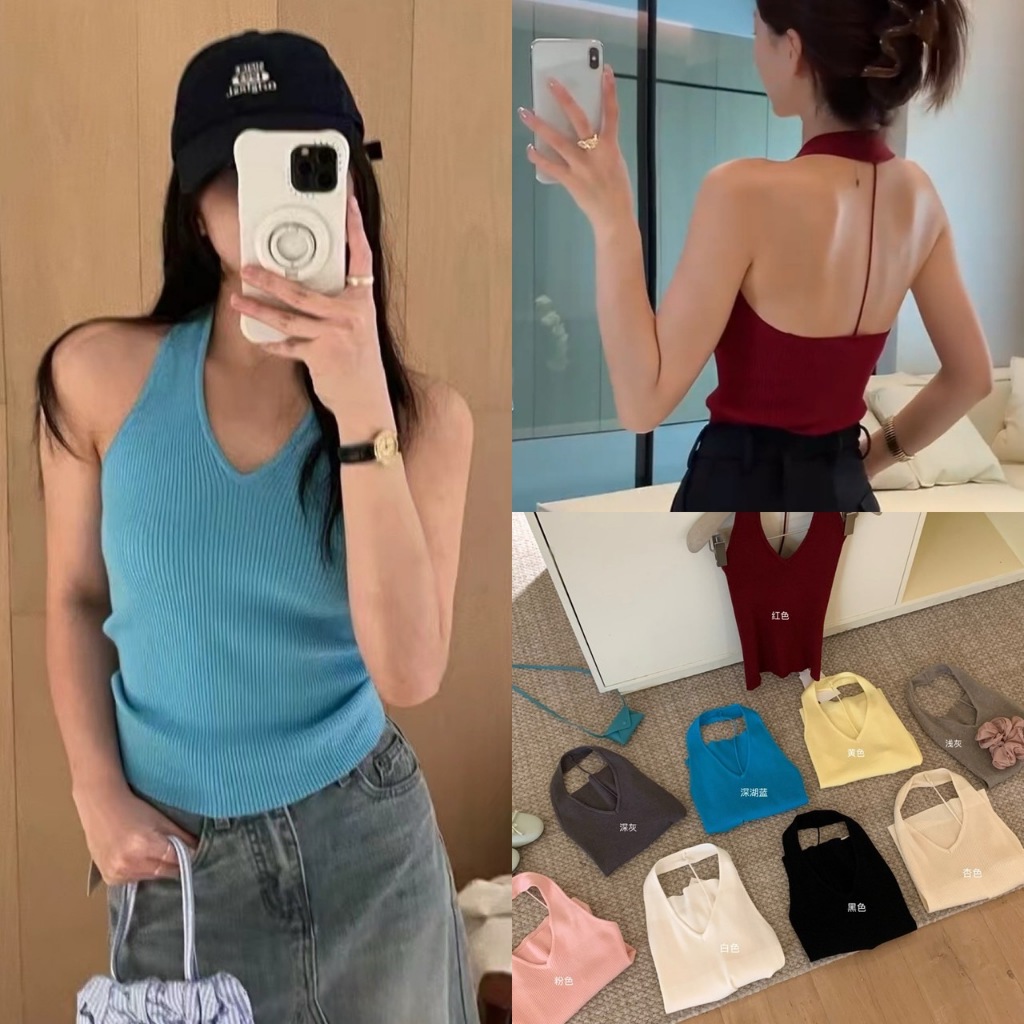 🧡🧵 🇰🇷 W5118 เสื้อคล้องคอ ผ้าทอร่อง งานจริงน่ารักมาก ย ทรงน่ารัก แฟชั่นเกาหลี TAG WG.WE 🧵🧡