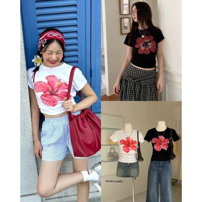 New collection 🌺พิมพ์ดอกชบาสีแดง ขนาดพอดีตัว มี2สี ขาว ดำ teeda