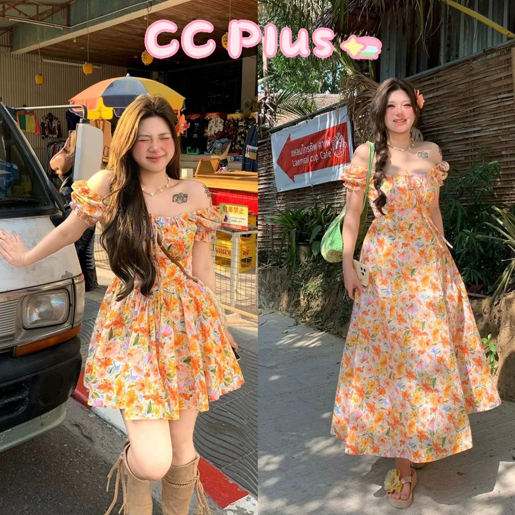 CiCi Plus+(3369/3372) เดรสยาว/สั้น พิมพ์ลายดอกไม้สีสันสดใส สม็อคหลัง เชือกผูกหน้า มีซิปข้างเข้ารูป สไตล์สาวพลัสไซส์