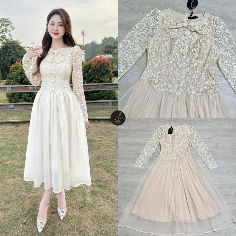 Ticha brand จัดจำหน่ายโดย : Ticha  👗👗::Detail :: Maxi เดรสแขนยาว คอกลม ช่วงคอแต่งโบว์2ชั้นเหย็บคิดมา