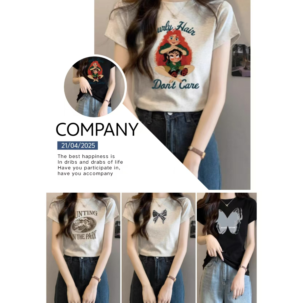 🍓September🍓เสื้อยืดคอกลมผู้หญิง ผ้าฝ้ายใส่สบาย ทรงสลิม หน้าร้อน พิมพ์ลายน่ารัก