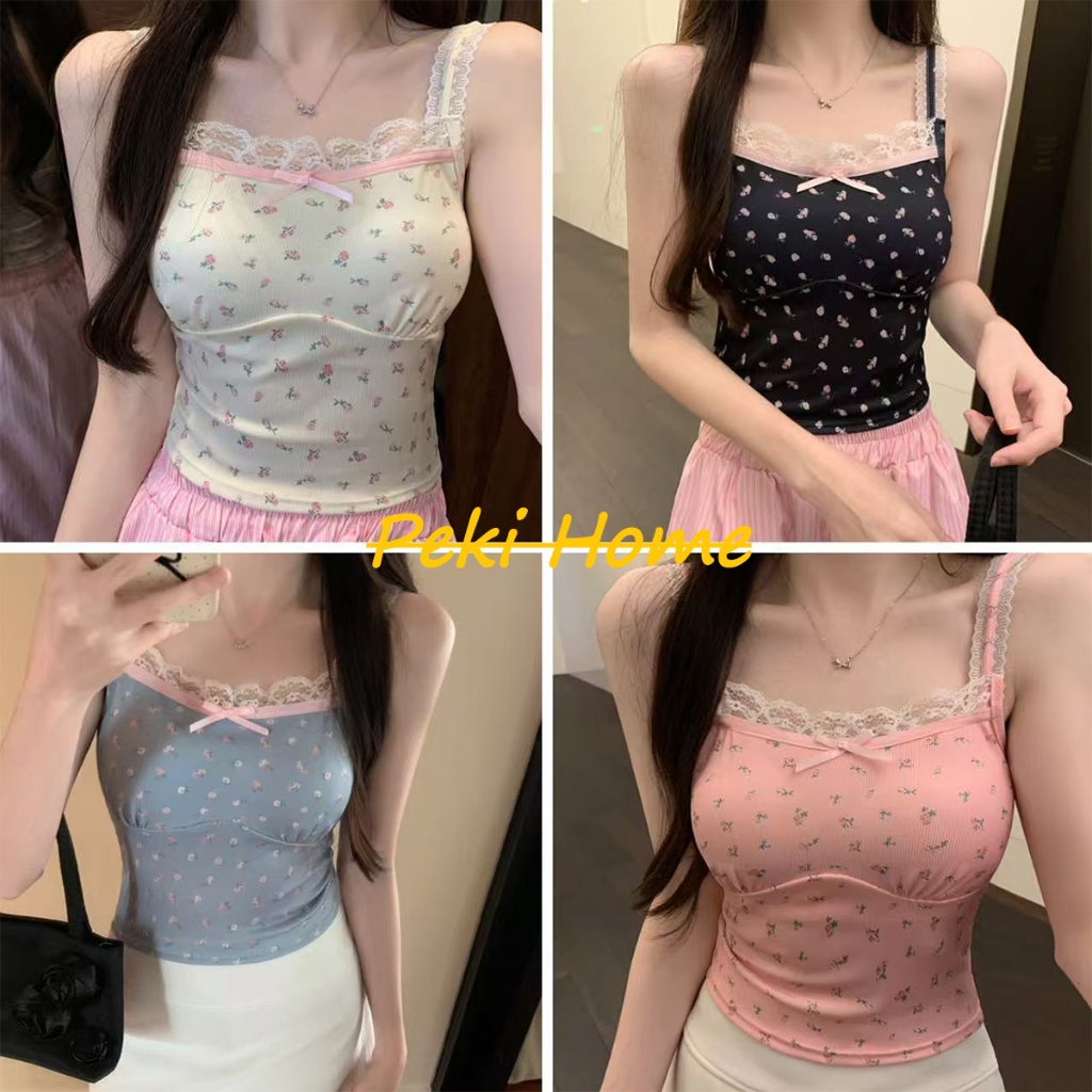 เสื้อสายเดี่ยวลายดอกไม้ผูกโบว์สไตล์หวานๆ สำหรับหน้าร้อน
