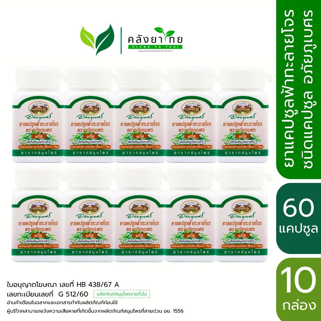 [แพ็ค 10 กระปุก] ยาแคปซูลฟ้าทะลายโจร ตราอภัยภูเบศร ขนาด 60 แคปซูล พร้อมส่ง