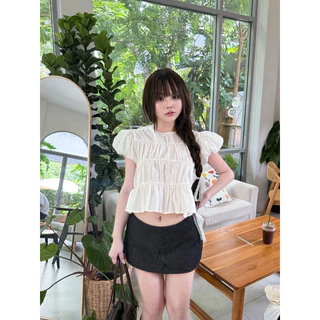 Nusa style เสื้อแขนบอลลูน แต่งระบาย 3 ชั้นผ้าคอตตอน 100%