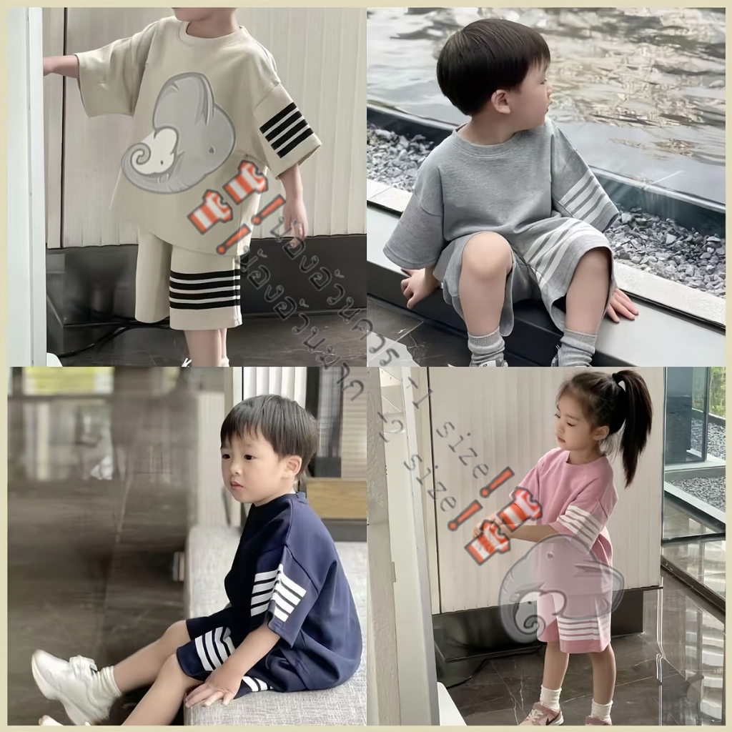 ชุดกีฬาเด็ก ชุดเซ็ตแขนสั้น แต่งแถบแขนขา สีพื้น สำหรับเด็กผู้ชายและเด็กหญิง