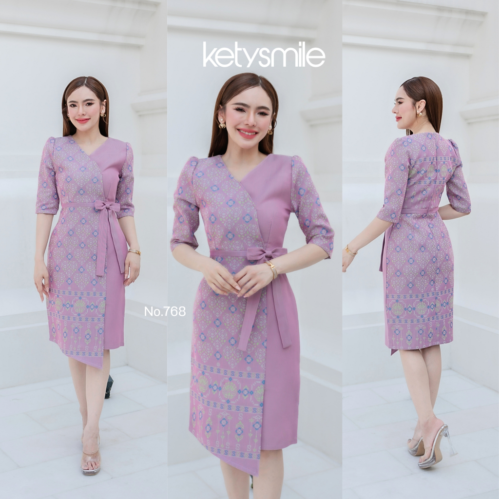 Kety Smile ชุดเดรสผ้าทอลายสิริราชพัสตราภรณ์ แต่งไขว้โบว์ที่เอว ทรงสอบ งานอัดกาวทั้งชุด ทุกชิ้น ซิปซ่อนหลัง (S-5XL) N768