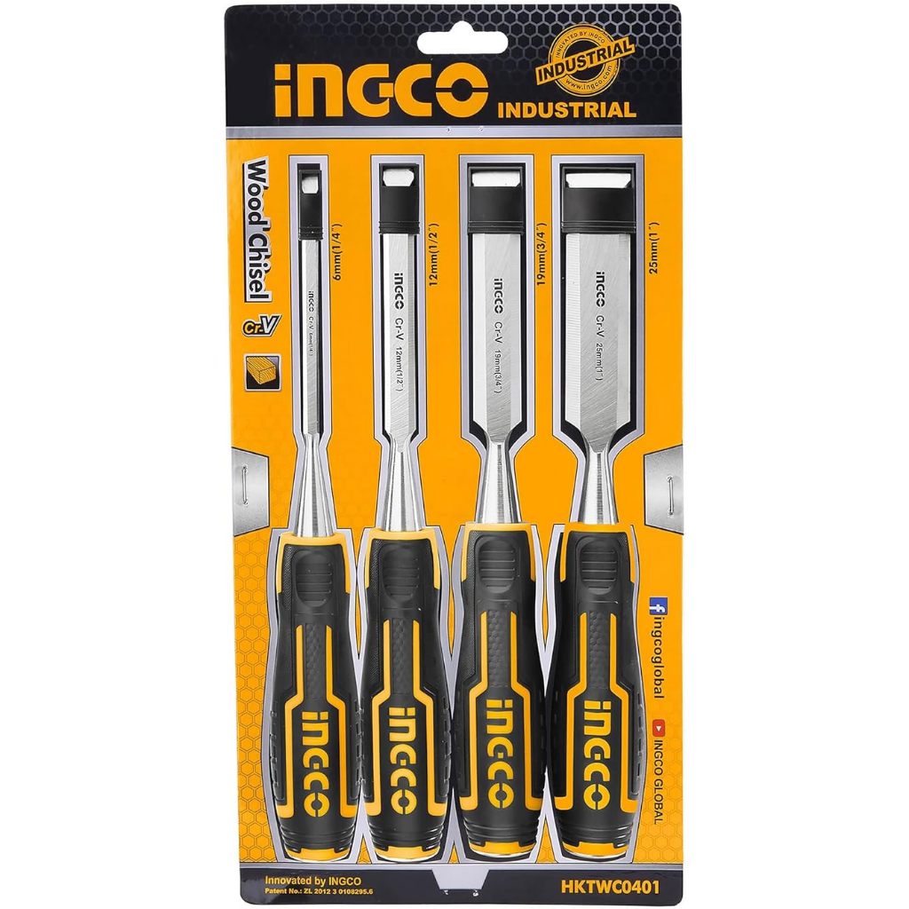 INGCO HKTWC0401 Woodworking Chisel Set, Set of 4, DIY Tools, Carving, Wood Grooving, 0.24, 0.57, 0.1