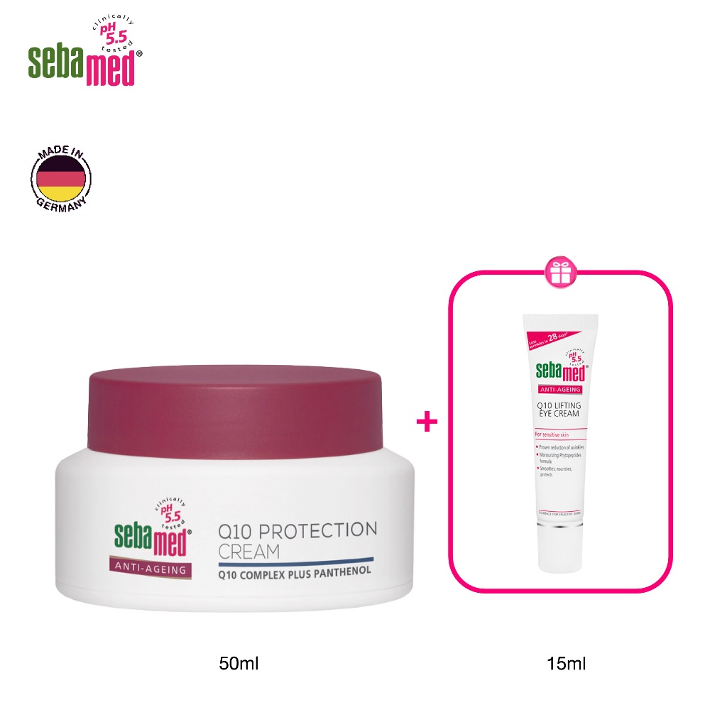 เซ็ต 1 ฟรี 1 SEBAMED Anti Aging Q10 Protection Cream 50 ml + Anti Aging Q10 Lifting Eye Cream 15 ml ครีมบำรุง ริ้วรอย
