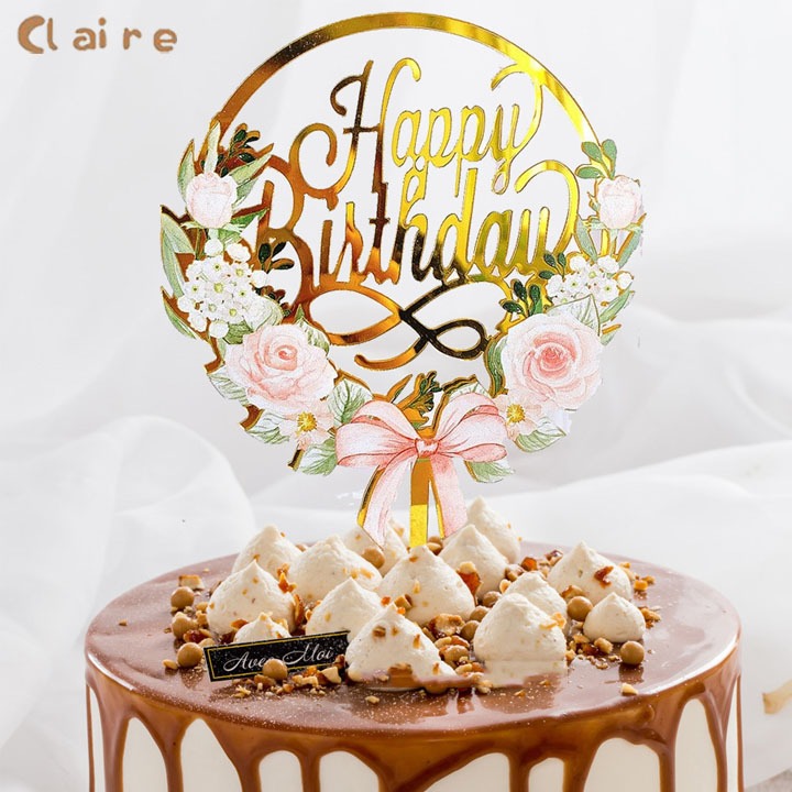 COD ป้ายปักเค้ก ป้ายปัก​เค้ก​พลาสติก​ ลาย Happy​ Birthday​ สีทองแบบมีดอกไม้ 1 อัน Claire