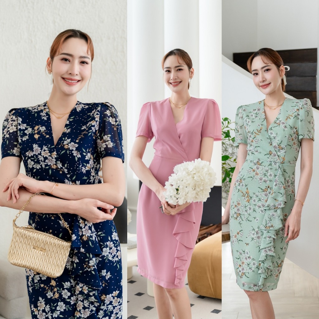 PD333 Chiffon Dress เดรสผ้าชีฟอง คอวี แขนสั้น กระโปรงแต่ง layer