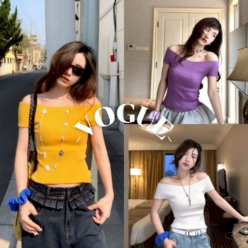 Vogue🌟พร้อมส่ง🌟 เสื้อเปิดไหล่ ไหมพรม แขนสั้น สีสันสดใส (M2943)