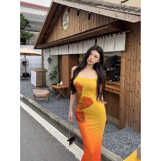 Cicishop(Y6269) เดรสยาวสีเหลืองอมส้ม สายปรับได้ ผ้าซีทรูมีซับใน พิมพ์ลายดอกข้างตัว สไตล์สาวฮาวาย