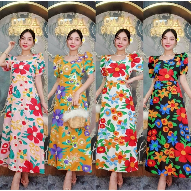 พร้อมส่ง เดรสยาวสาวอวบผ้าไหมอิตาลี ลายดอกไม้