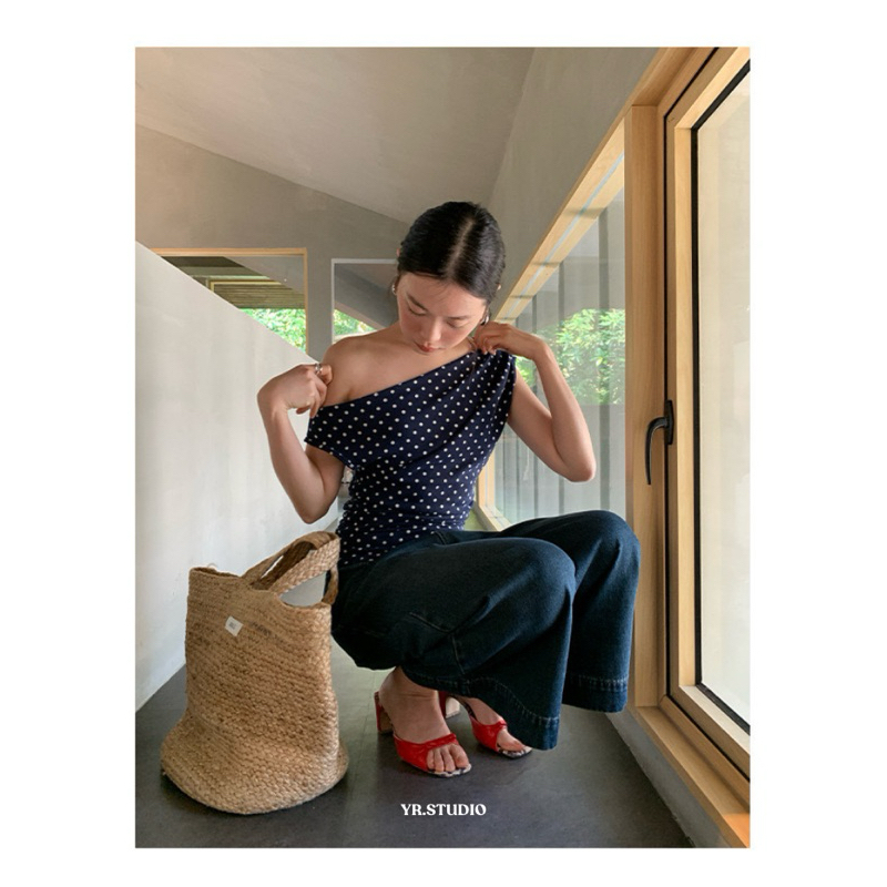 พร้อมส่ง Stella Dot Blouse เสื้อปาดไหล่แต่งลายจุด polkadot คอตตอลเนื้อนิ่มยืดใส่สบายผ้าคอตตอลพรีเมียม - รูปที่ 4