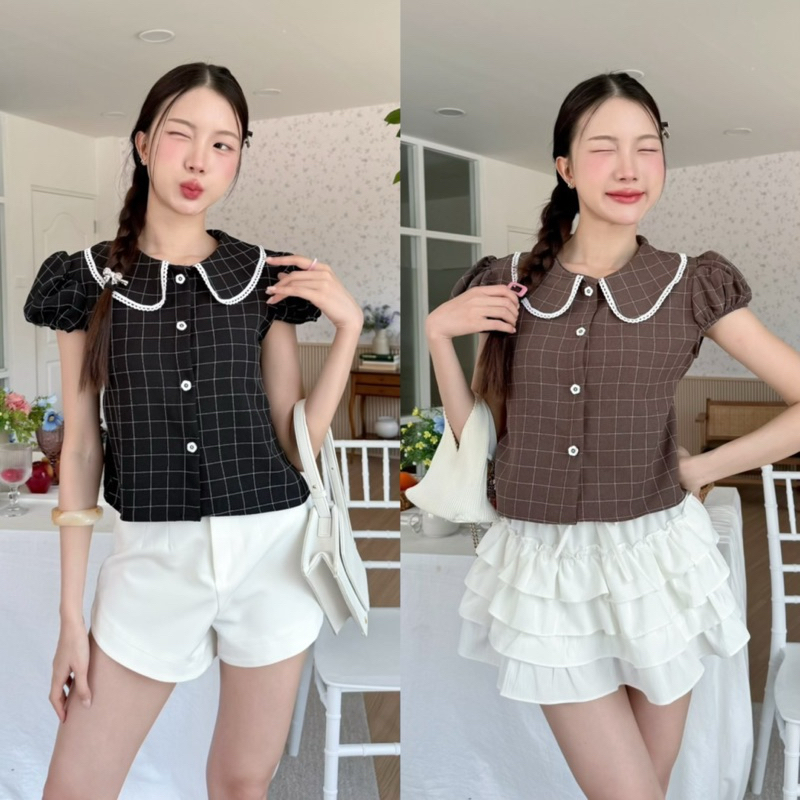 Khun Studio - เสื้อคอบัวผ้าลายตาราง ✨💕