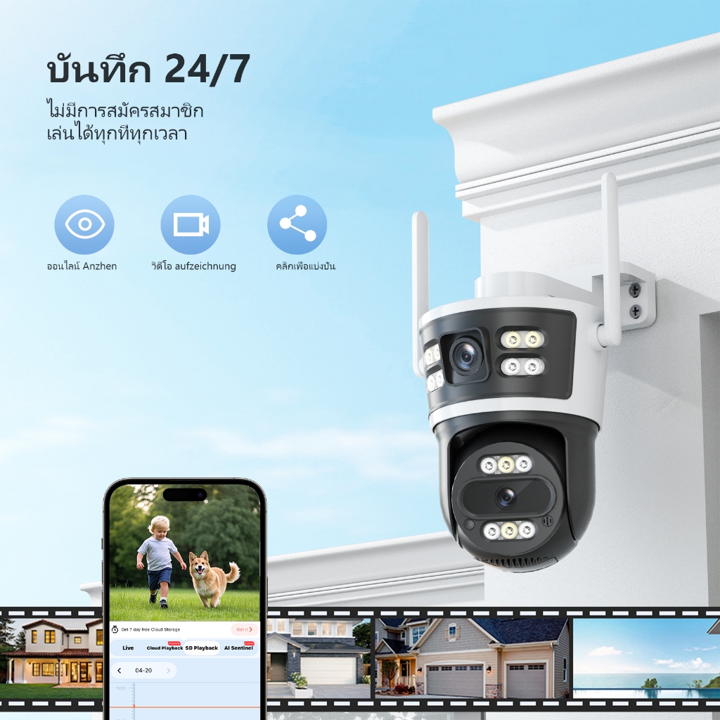 ICam365 กล้องเฝ้าระวังเลนส์คู่ 5MP WiFi กล้องกันน้ำกลางแจ้ง 360 องศากล้องรับประกันหนึ่งปี
