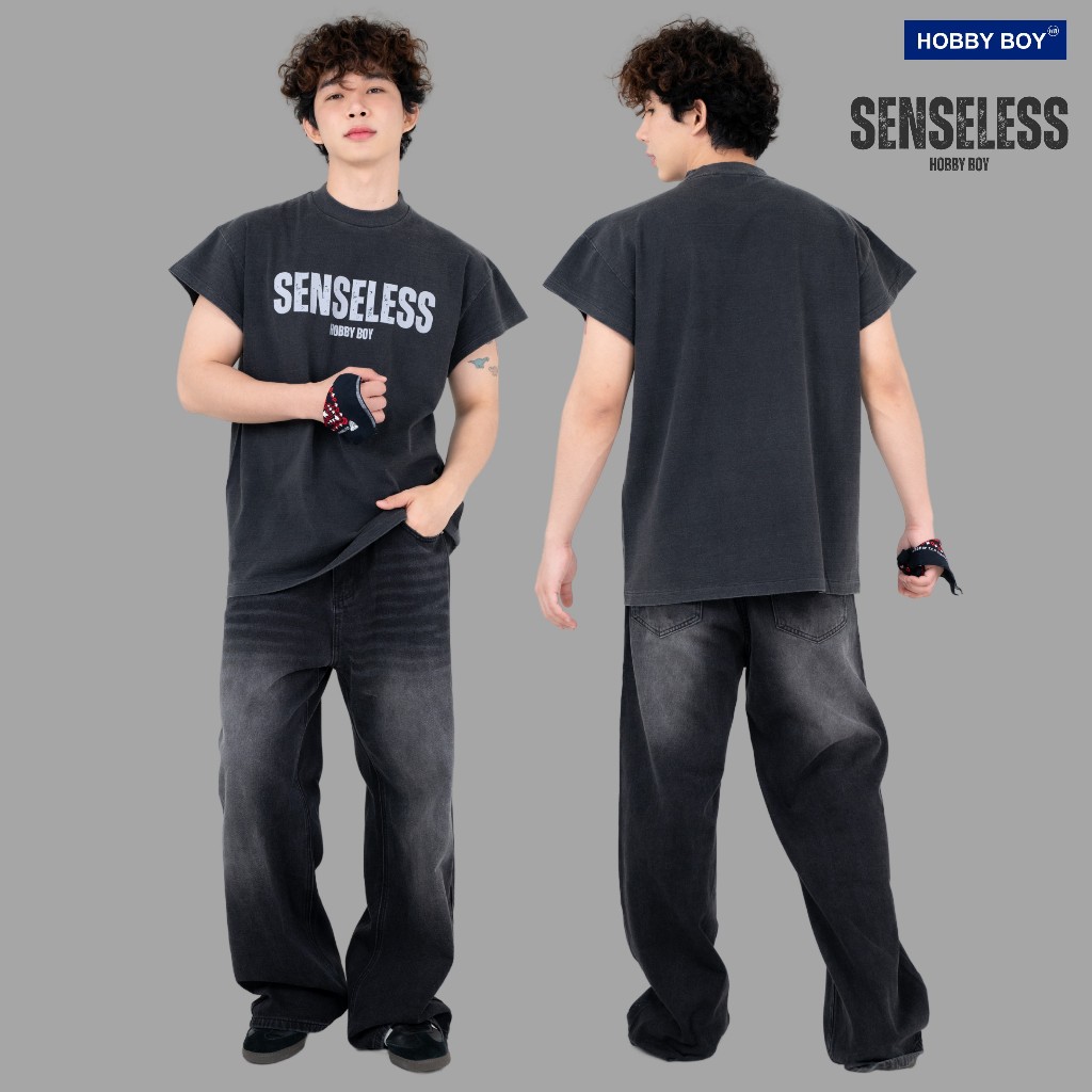 HOBBY BOY - SENSELESS เสื้อแขนกุด ( แขนปีกนก ) คอฟิต สีดำเฟด