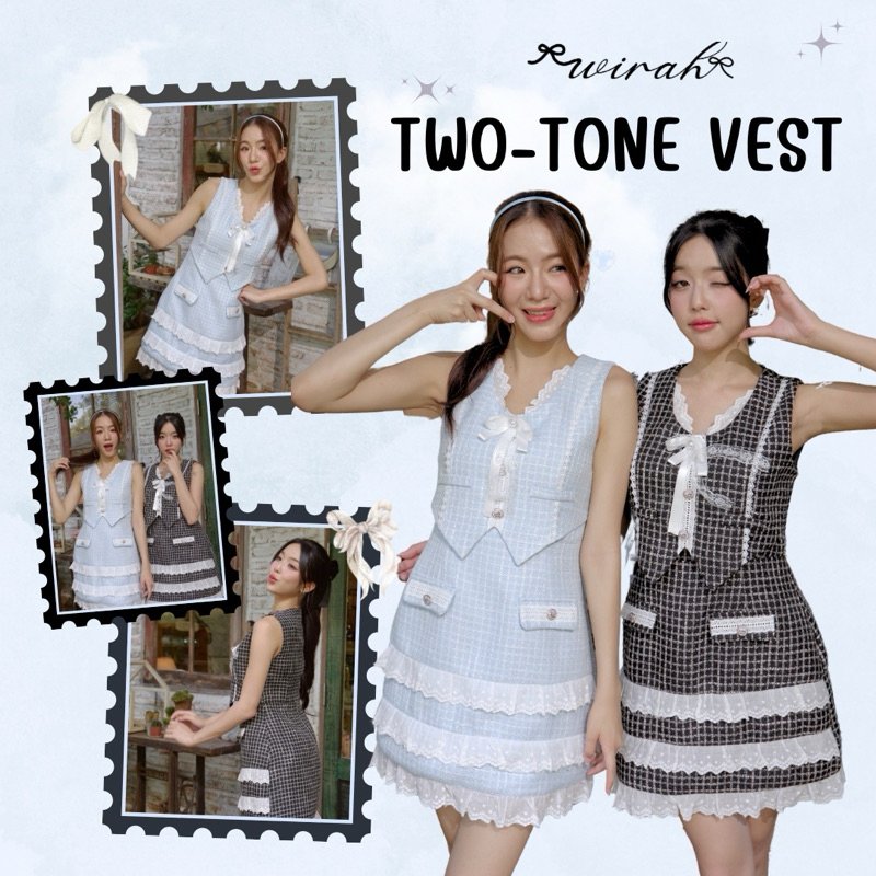 「 Wirah_Brand 」DW55 Two-Tone Vest Dress : ชุดเดรสแขนกุด ผ้าทวิตลายตาราง คอยูแต่งลูกไม้