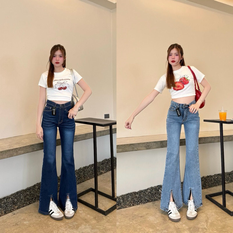 (S-XL) กางเกงยีนส์ทรงขาม้า แต่งปลายขาเก๋ๆ y2k Atom jeans