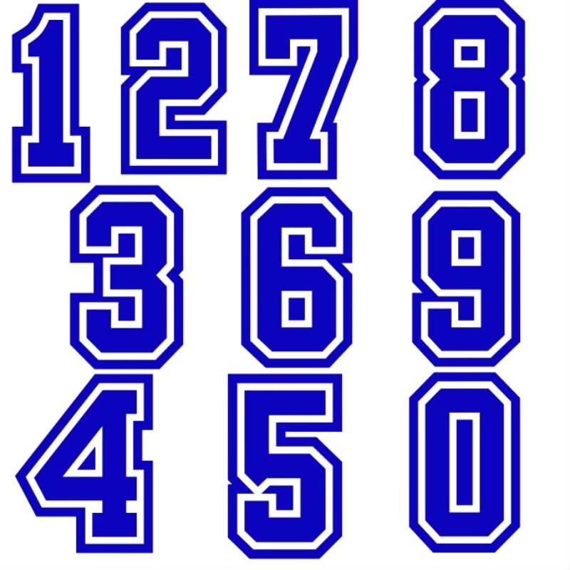 ตัวรีดติดเสื้อ ตัวเลข เบอร์ 1-10 สีน้ำเงิน สติ๊กเกอร์ แผ่นฟิล์มDFT สกรีนรีดติดเสื้อยืด พิมพ์ใส่ ลาย 