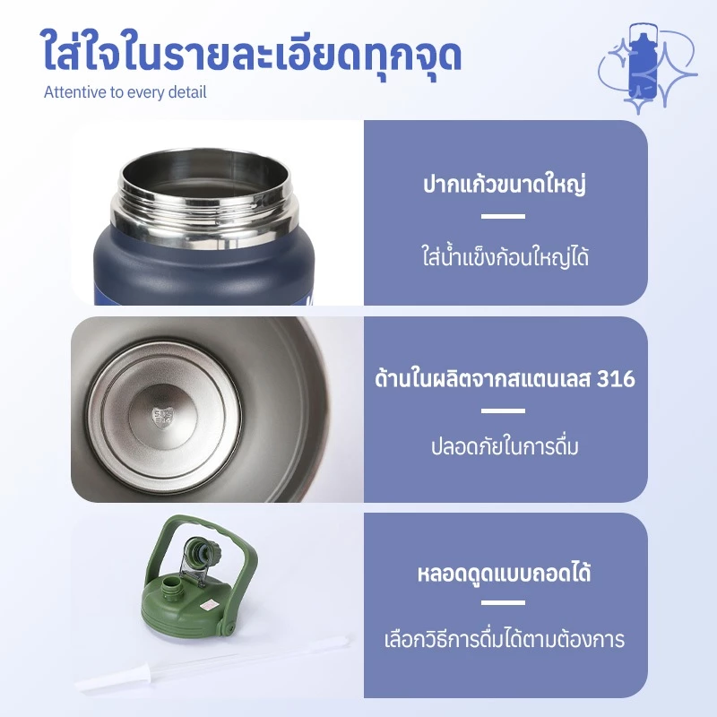 กระติกน้ำ เก็บอุณหภูมิ เก็บความเย็น ขนาด2800/4000ML แก้วอุณหภูมิความร้อน เย็นขนาดใหญ่ สแตนเลส304 พร้อมหูหิ้ว+หลอด ขวดน้ำ thumbnail 7
