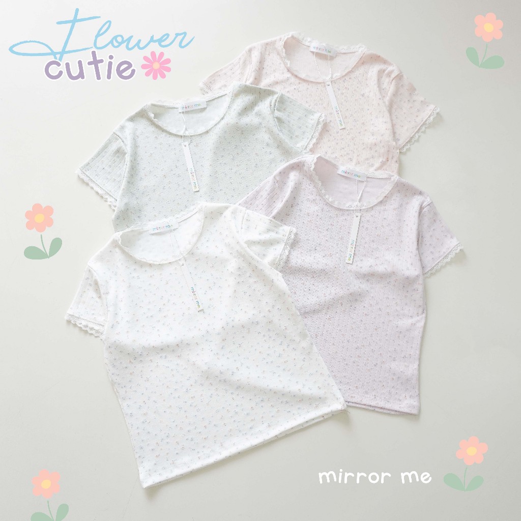 mirrorme เสื้อ Baby tee พิมพ์ลาย สีพาสเทล แต่งลูกไม้