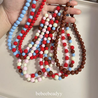 (พร้อมส่ง) สร้อยคอลูกปัดอะคลีริคเม็ดกลม 🍒🍹💙 | สร้อยลูกปัดเม็ดใหญ่ สีสันสดใส (อะไหล่สแตนเลส)