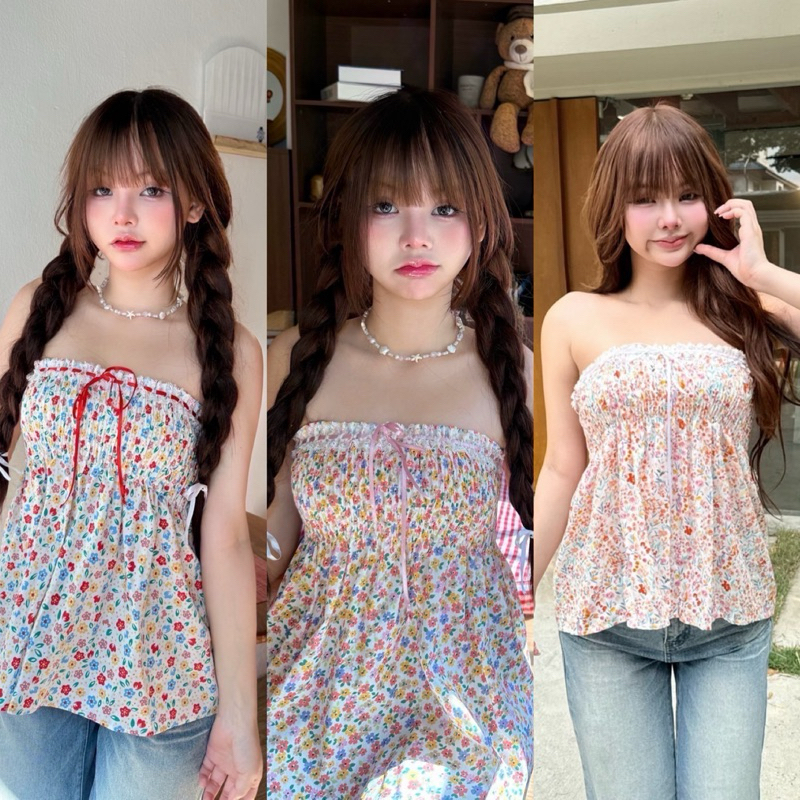 เสื้อเกาะอกลายดอกไม้ แต่งลูกไม้และริบบิ้น Nusa style