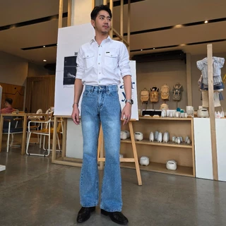 Golden Zebra Jeans กางเกงยีนส์ชายขาม้าเอวสูงสีฟ้าฟอกขัดด่าง สีสนิมเขียว สีดำซุปเปอร์แบล็ค #339
